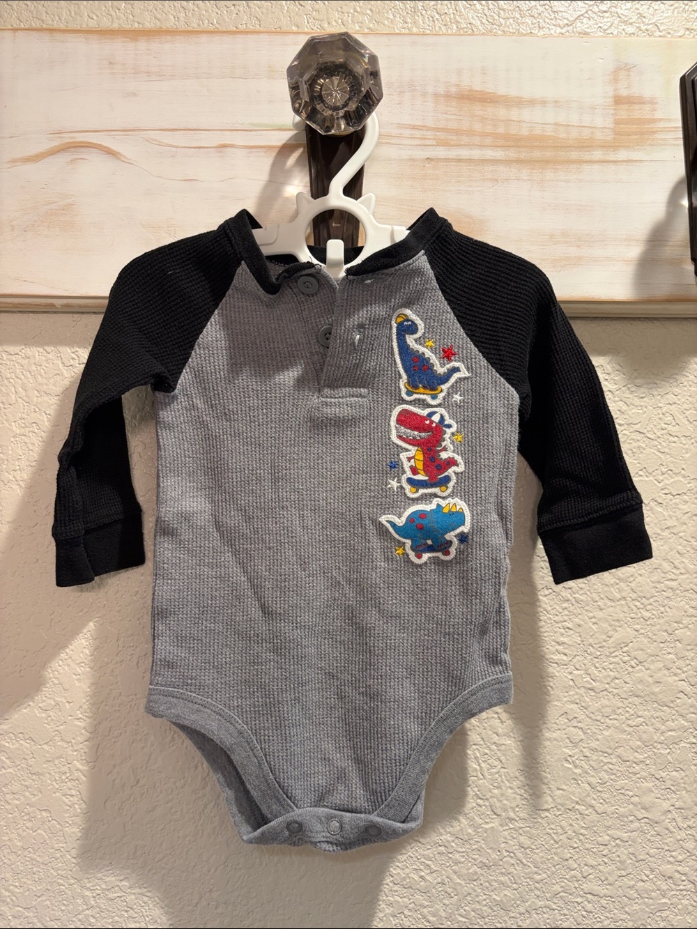 Baby Long-Sleeve One-Piece with Dino Patch - Gray & Black
